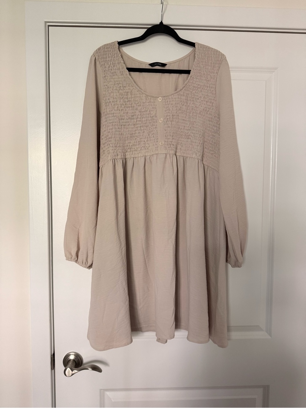 Smocked Yoke Long Sleeve Mini Dress in Cream